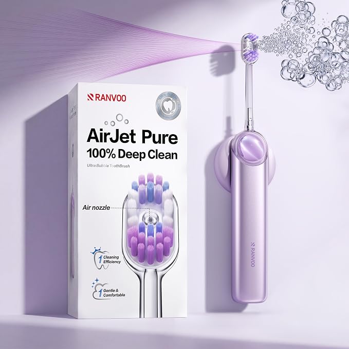 RANVOO AirJet P5 [New-Gen Bubble Brush | Low Friction Advanced Clean] Electric Toothbrush for Adults, Plaque Removal, Teeth Whitening & Gum Care, 90-Day Battery, Travel Case Included, Purple