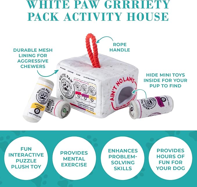 Haute Diggity Dog White Paw Grrriety Pack Activity House, Plush Designer Dog Toys with Interactive Squeaker, Stimulating Pet Enrichment, Machine-Washable & Safe Materials for All Breeds, One Size
