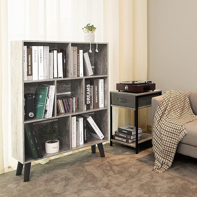 LEYAOYAO Cube Bookshelf, Mid-Century Modern Book Shelf with Legs,Dirty Grey | 3 Tier Bookcase, Rustic Wood Bookshelves Freestanding Small Storage Organizer, Open Shelves for Bedroom, Living Room, Office