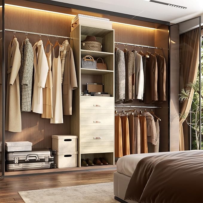 Besiost 96'' Closet Organizer System with 3 Hanging Rods, 8FT Closet Organizers and Storage with 3 Wooden Drawers, Built in Closet Organizer Systems, Adjustable Walk-in Wardrobe from 2-8FT, Light Oak