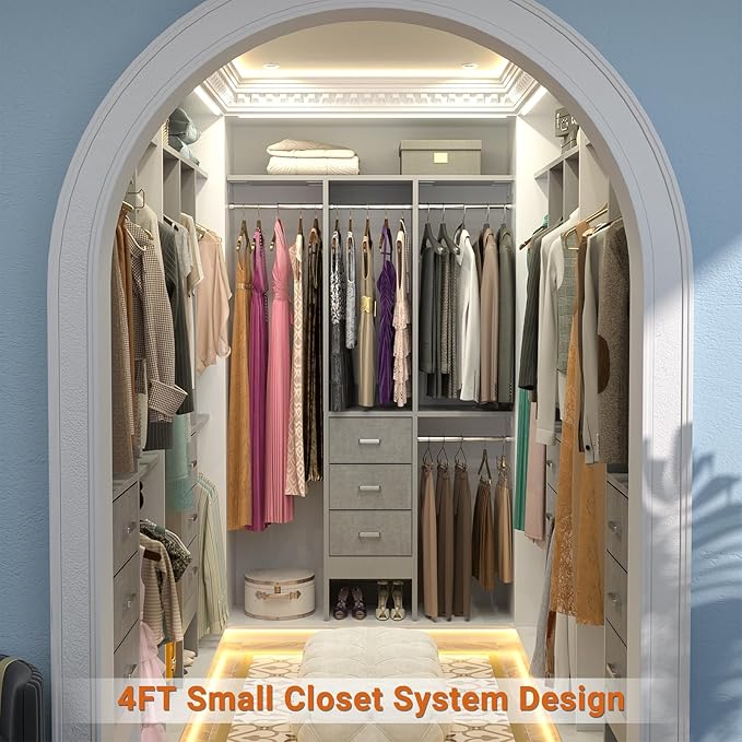 Besiost 4FT Small Closet System with 3 Fabric Drawers, 48'' Closet Organizer System With 3 Adjustable Shelves, Flexible Built-In Clothes Garment Rack for Small Space, 48" L x 13" W x 71" H, Grey
