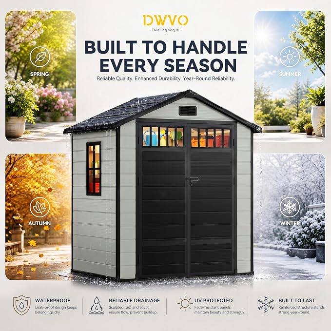 DWVO 6x4.4 FT Outdoor Storage Shed with Fence-Style and Side Windows, Lockable Door and Vents Resin Storage Shed for Garden, Backyard, Patio, Lawn