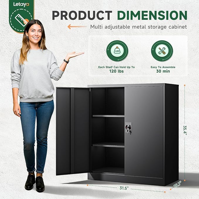 Metal Storage Cabinets with Lock Door,2 Adjustable Shelves Organizer Steel Storage Cabinets for Home,Office,Warehouse,Garage,Employee Lockers(Black)