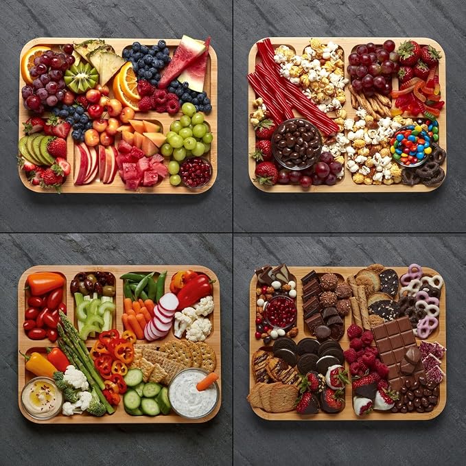 Farberware Bamboo Cutting Board with Clear Locking Lid, 11 x 14 Inch Build-A-Board Charcuterie Board with 6 Compartments for Food Prep, Snack Tray, and Entertaining