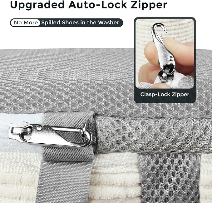 Shoe Washing Machine Bag for Sneaker Cleaning Laundry Shoe Bag, Beige | Dual Compartment, Full Protection, Clasp-Lock Zipper, Dense Chenille, Bound Edge & Seams