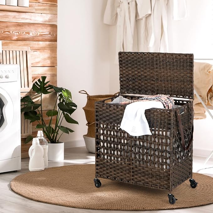 Giantex Laundry Hamper with Wheels and Lid, 33 Gal (125L) Wicker Laundry Basket, 2 Removable Liner Bags, Handles and Pulling Strap, Synthetic Rattan Rolling Laundry Hamper Clothes Storage