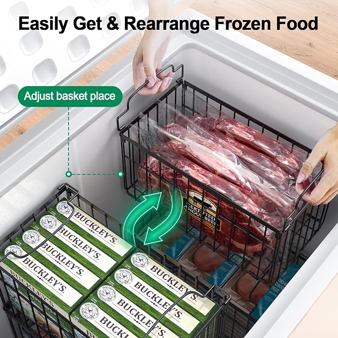 Freezer Organizer Bins, 6 Pack Big Baskets for 5/ 7 Cu.FT Deep Freezer | Stackable Chest Freezer Organizer Bins, Foldable Baskets with Handles, Black Storage Container Baskets for Sort Frozen Meats