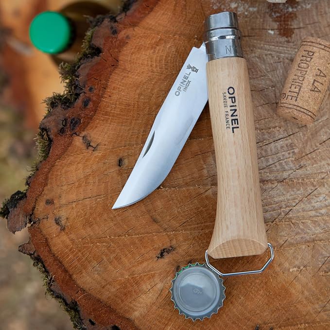 Opinel No. 10 Stainless Steel Corkscrew Wine and Cheese Folding Knife, Integrated Corkscrew + Bottle Opener, Beechwood Handle - Picnic Pocket Knife Made in France (Updated Version)