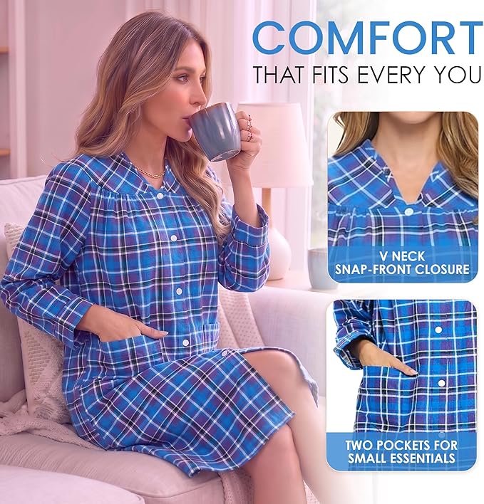 Casual Nights Women's Floral Snap Front Flannel Duster Long Sleeve Lounger Dress