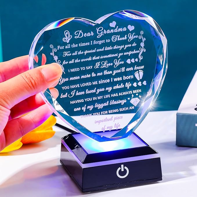 Arikyrist Grandma Birthday Gifts with Colorful LED Base Meaningful Crystal Heart Gifts for Grandma from Grandkids Great Gift Ideas for Grandmother on Mothers Day Valentine Thanksgiving