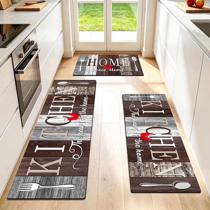 Kitchen Rugs Set 3 Piece, Non Slip Kitchen Mats for Floor, Soft Fabric with Rubber Backing, Farmhouse Anti Fatigue Runners Carpet for Home Kitchen Laundry Room Hallway Rustic Dark Brown & Grey