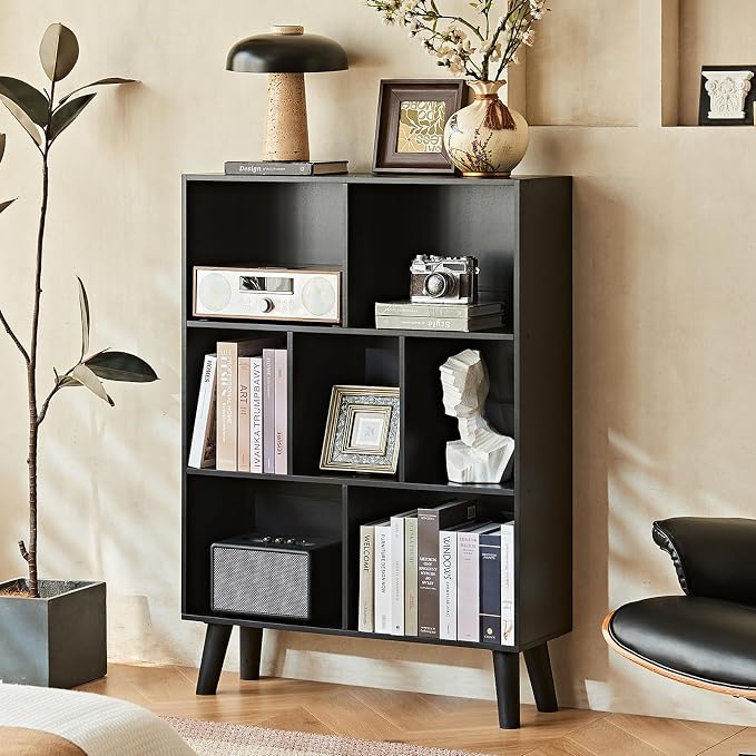 LEYAOYAO Cube Bookshelf, Mid-Century Modern Book Shelf with Legs, Black | 3 Tier Bookcase, Rustic Wood Bookshelves Freestanding Small Storage Organizer, Open Shelves for Bedroom, Living Room, Office
