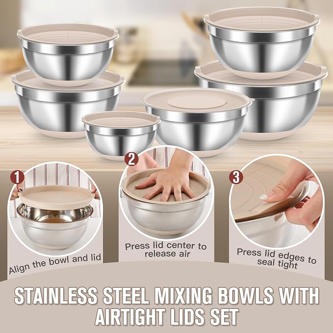 7QT 23PCS Mixing Bowls with Airtight Lid Set, Stainless Steel Nesting Bowls with 3 Graters, Non-Slip Base, Large Prep Bowls 7, 3.5, 2.5, 2, 1.4, 1QT & 14 Measuring Spoons Great for Baking, Serving