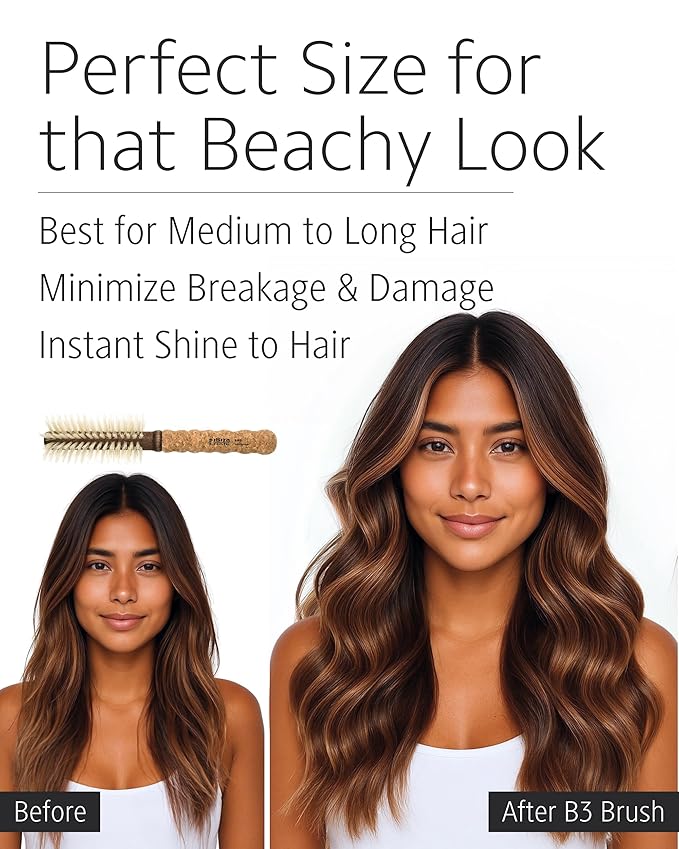 Ibiza Hair Boar Bristle Round Brush (B3-55mm) | Blonde Bristles & Cork Handle | Ideal for Color Treated Tresses | Beachy Waves & Volume | Adds Shine & Texture for Medium to Long Styles
