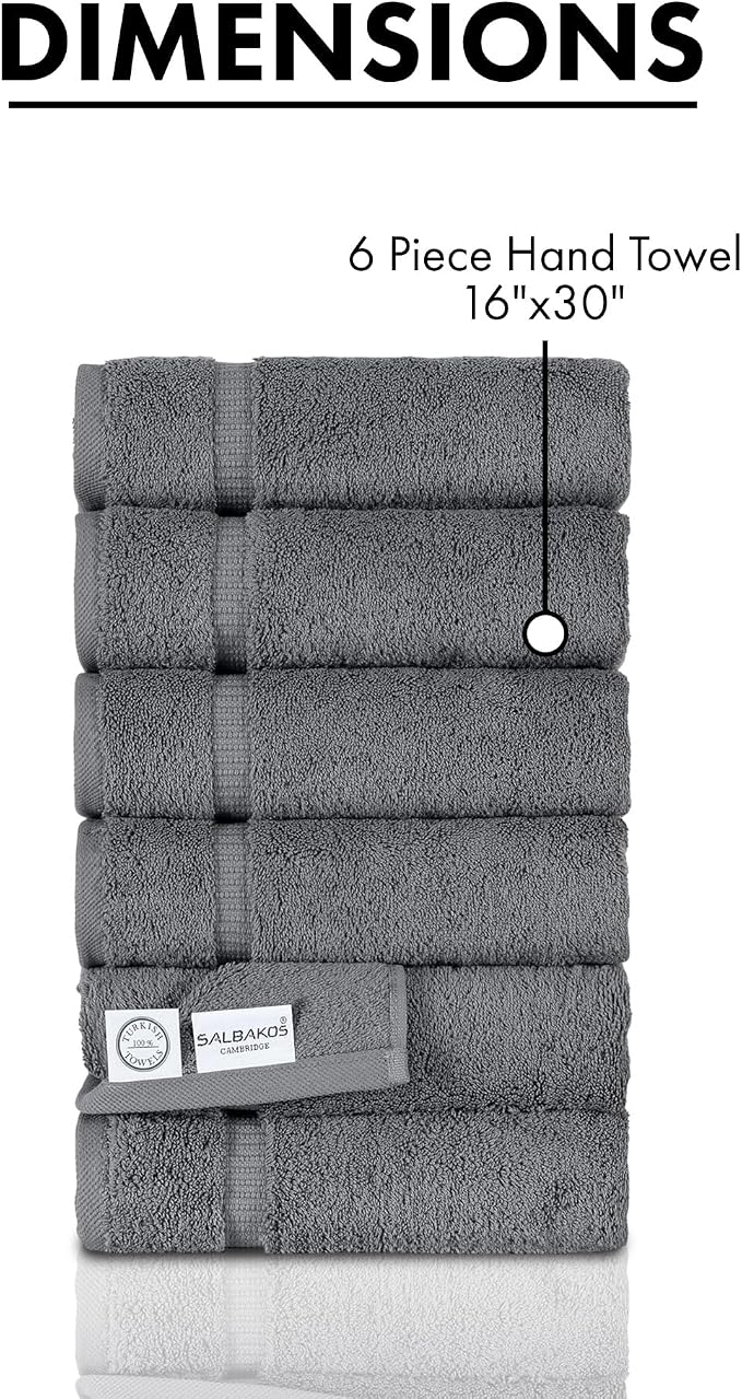 SALBAKOS 6-Piece 100% Turkish Cotton Hand Towels, 16x30 inch, Gray | Large Size Thick Super Soft Highly Absorbent, Versatile Hair Face & Hand Drying Towel, Premium Hotel Quality Made in Turkey