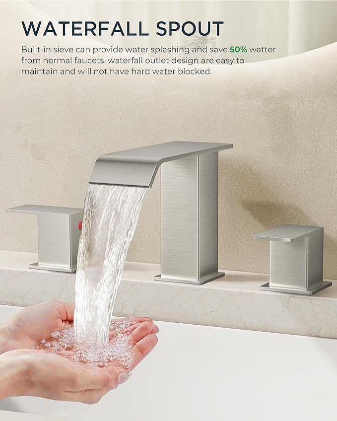 FORIOUS Widespread Bathroom Sink Faucet 3 Hole Brushed Nickel, 2 Handles Waterfall Bathroom Faucet with Metal Pop-up Drain and 24" Hot and Cold Water Hoses, Suitable for Vanity RV Restroom, 2 Pack