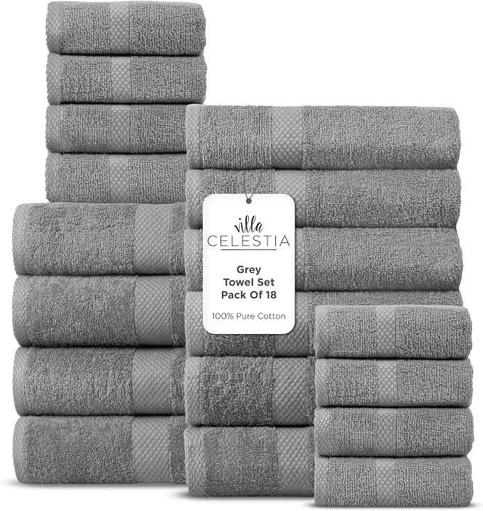 Villa Celestia 18-Piece 100% Cotton Towel Set, 4 Bath Towels, 6 Hand Towels, 8 Wash Cloth, Quick-Dry, Grey