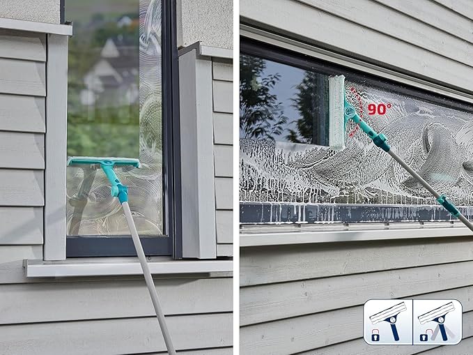 Leifheit 3 in 1 Telescopic Window Cleaner, Window Squeegee with Telescopic Handle 110-200 cm, Extendable Squeegee with Integrated Microfibre Cover