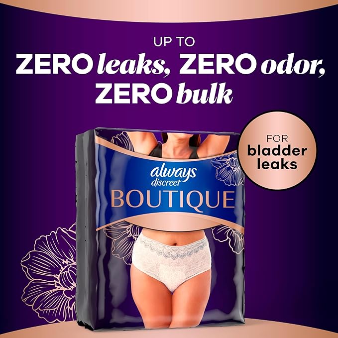 Always Discreet Boutique Incontinence and Postpartum Underwear for Women, Maximum Protection, Small/Medium, Rosy, 48 Count (4 Packs of 12)