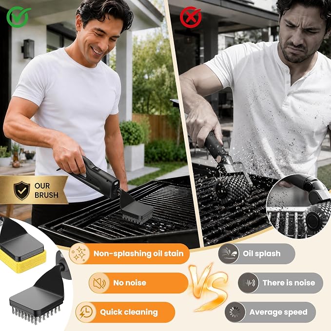 Electric Grill Brush with LED Light, Grill Cleaner for Outdoor Grill（Black） | Reciprocating Cleaning Action, Hot Grill Cleaning, Brushless Motor, 3-5H Runtime, LED Light, Ergonomic Handle, 4 Heads Kit