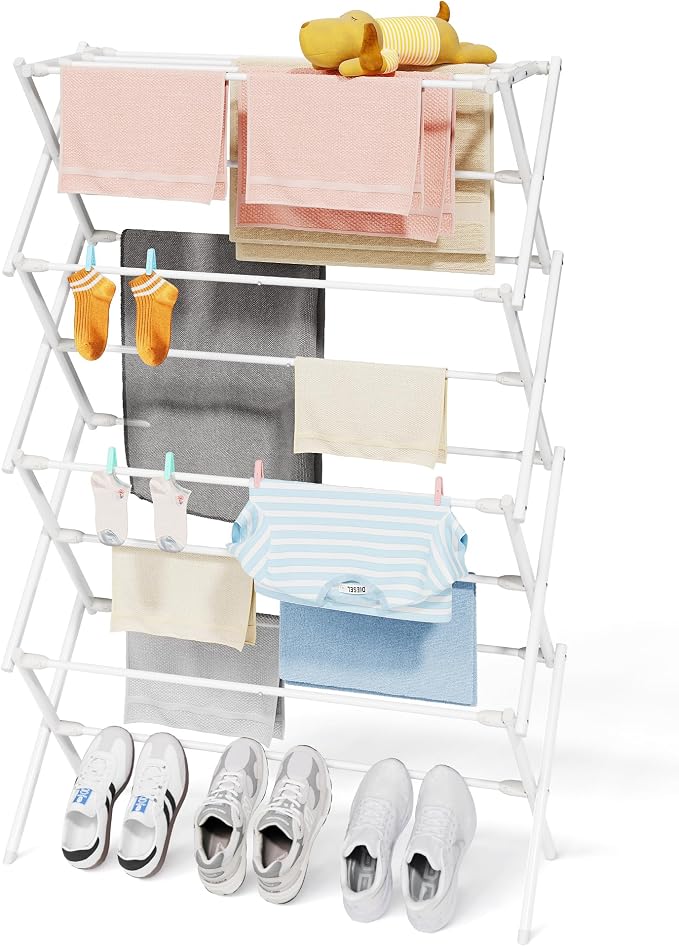 Sakugi Foldable 4-Tier Clothes Drying Rack 50.0" H with Non-Slip Feet | Indoor & Outdoor Use, Space Saving, Metal Frame, 11.4" D x 29.1" W, White