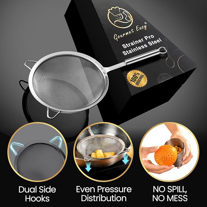 Stainless Steel Fine Mesh Strainer Set, Colander Set with 1 Large Flour Sifter (Sturdy Handle), 1 Small Mesh Sieve for Pasta & Rice, 1 Silicone Can Strainer – Durable, Dishwasher Safe, 5-Year Warranty