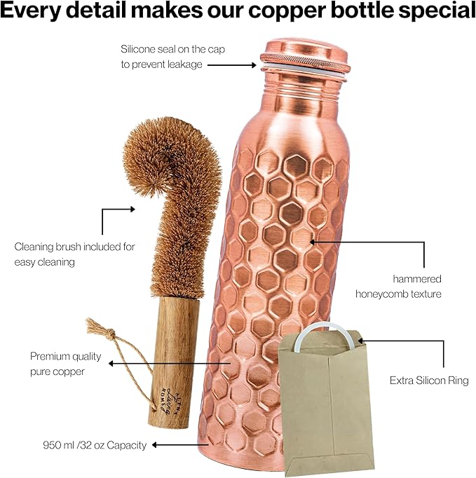 Copper Water Bottle 32 Oz Extra Large, Real Copper Drinking Bottle, Honeycomb Ayurvedic Bottle for Drinking Water, Leak Proof Vessel with Cleaning Brush, Home Office Use