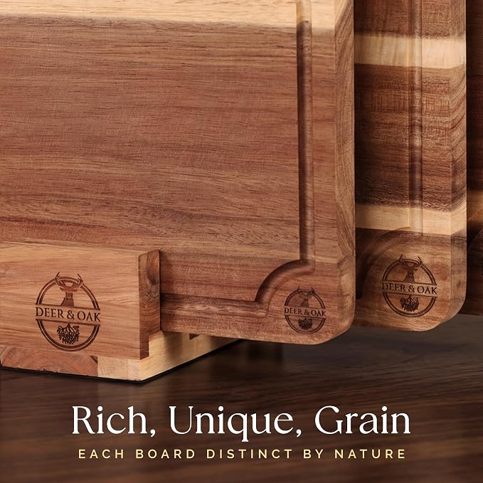 Pre-Oiled, Non Toxic 3-Piece Acacia Cutting Board Set with Stand | 15.7 x 11.8 in, 13 x 9.4 in, 10.2 x 7.1 in · FSC certified · Includes 3.4 fl oz oil · Deer & Oak