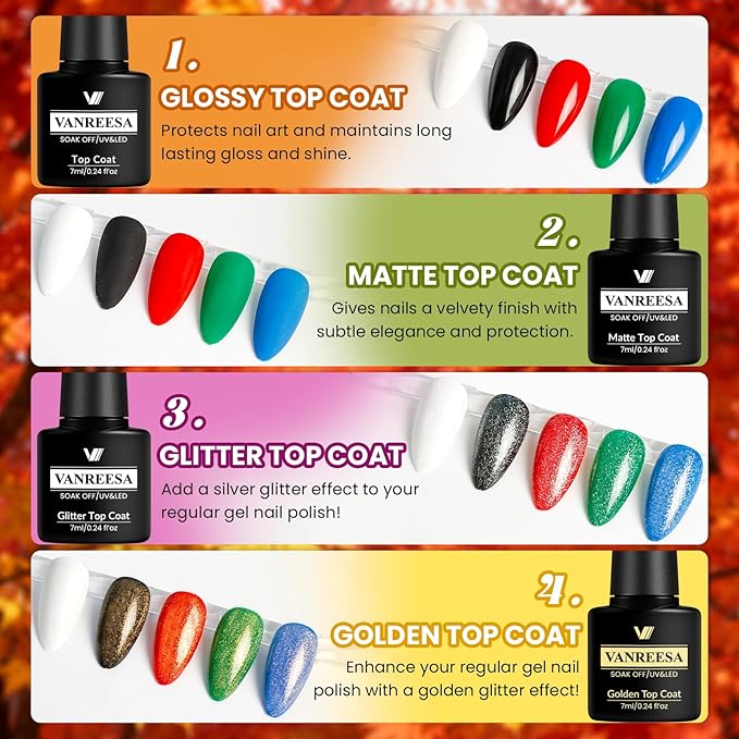 VANREESA 24 Pcs Fall Gel Nail Polish Set -Fall Colors Gel Polish with Base Coat & 4 Effects of Top Coat Orange Yellow Red Green Purple Brown Gel Polish Set Nail Kit Gifts for Women Girls DIY at Home