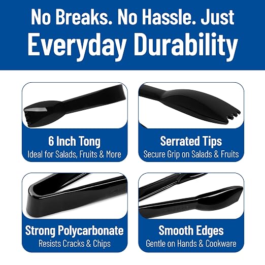 Carlisle FoodService Products Carly Salad Tong, 6" Salad Tong, Black (12 Pack)