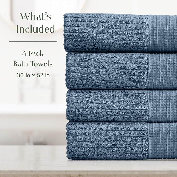 Springtree Home 100% Cotton Bath Towel Set | 4-Pack | Textured | Oceanview | Absorbent & Quick-Dry Bathroom Towels | Textured and Durable Cotton Towels for Bathroom | OEKO-TEX | Krista Collection