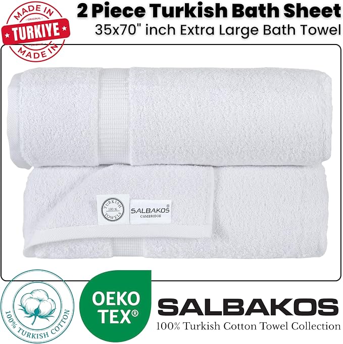 SALBAKOS 2-Piece 100% Turkish Cotton Bath Towels, Extra-Large 35x70, White | Oversized Bath Sheet Towel for Bathroom & Beach, Thick, Super Soft, Highly Absorbent, Premium Hotel Quality, Made in Turkey