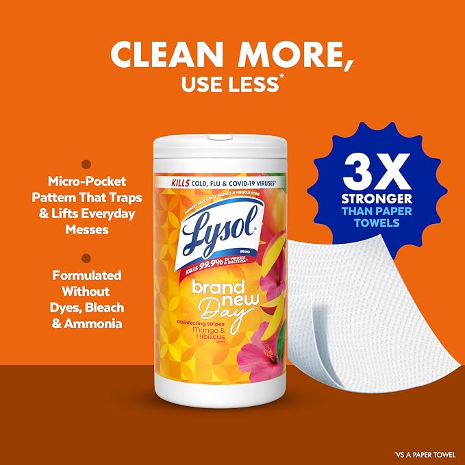LYSOL Disinfecting Wipes, All Purpose Cleaner, Multi-Surface Antibacterial Cleaning Wipes, Household Cleaning Supplies, Dorm Essentials, Mango & Hibiscus Scent, 80 ct.