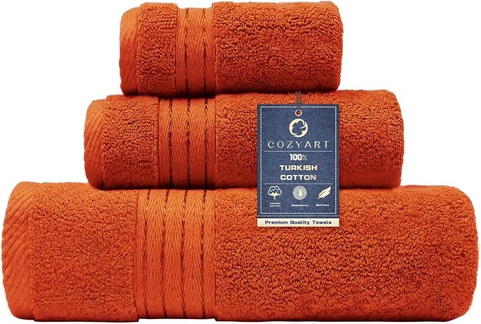 COZYART Luxury Bath Towel Set 3 PCS, Burnt Orange 100% Turkish Cotton | OEKO-Tex 100 Certified Zero Twist Ring Spun, Soft Absorbent Quick Dry, Plush Fluffy, Breathable Hotel Quality for Daily Use