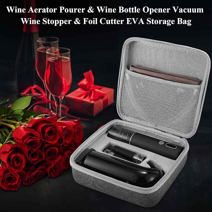 Wine Bottle Opener Christmas Day Gift Set with Electric Wine Opener, Wine Decanter&Wine Aerator and Pourer, wine stopper, Foil Cutter and EVA Storage Bag, Rechargeable and Automatic-(Christmas Red)