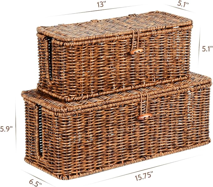 BROWNLILY Rattan Wire Storage Box, Handmade Cord Organizer for Desk Cord Hider Outlet Covers for Power Strip TV PC Router Charger Under Desk Cable Management Box