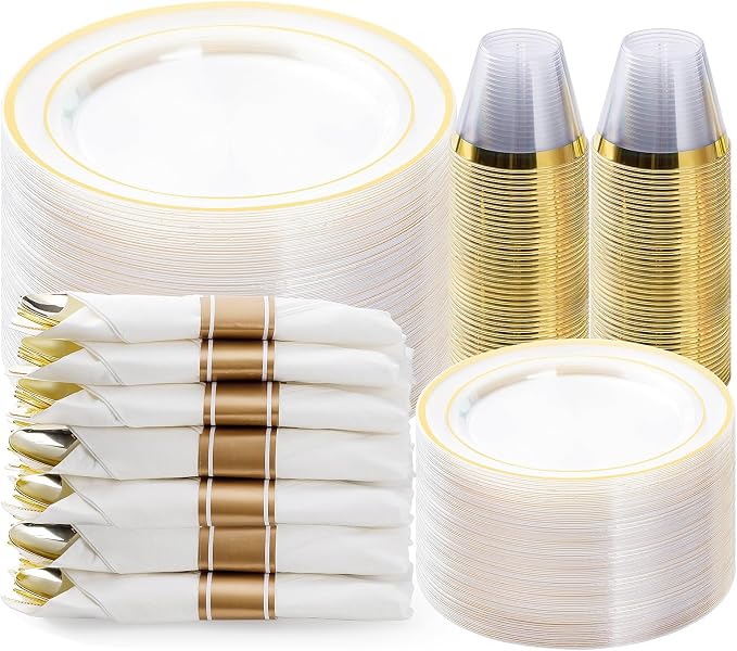 BESTVIP 350PCS Clear Gold Plastic Dinnerware Set for 50 Guests, Disposable Party Plate for Christmas and New Year,Halloween, Include: 100 Plastic Plates, 50 Pre Rolled Napkins with Silverware, 50 Cups