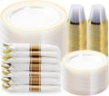 BESTVIP 350PCS Clear Gold Plastic Dinnerware Set for 50 Guests, Disposable Party Plate for Christmas and New Year,Halloween, Include: 100 Plastic Plates, 50 Pre Rolled Napkins with Silverware, 50 Cups