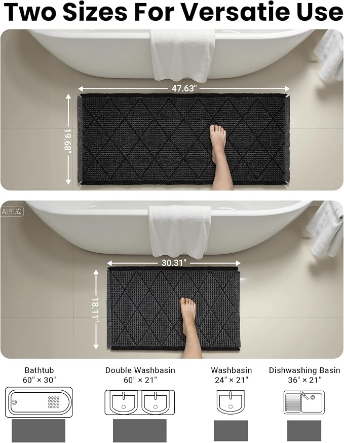 Furicher Waffle Bath Mat Set, Non Slip Bathroom Rugs Sets 2 Piece, Ultra Absorbent Long Bath Rug Runner for Bathroom Decor, Machine Washable Boho Mats, Dark Grey & Grey, 20"×47" Plus 18"×30"