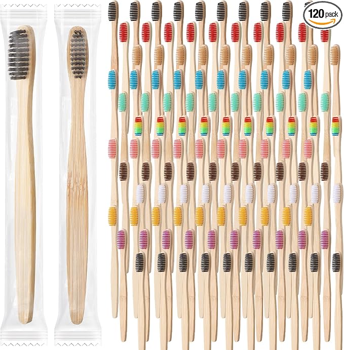 Sieral 120 Pcs Bamboo Toothbrushes Bulk, Soft Bristle Bamboo Toothbrush, Individually Wrapped for Adults Travel Family Hotel Party, 7 Inch 12 Color