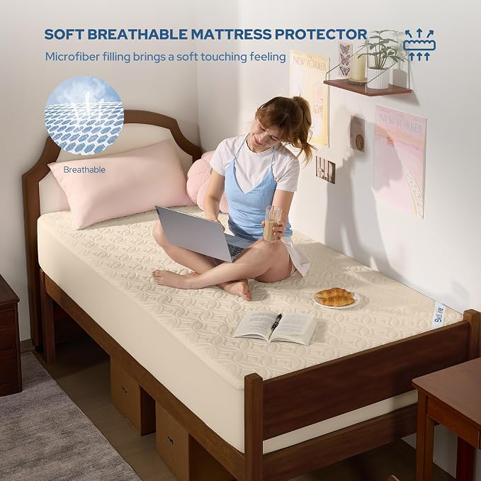 BEDLORE Waterproof Mattress Protector, Twin XL Size Mattress Pad with Deep Pocket 6"-15" Depth, Soft Breathable Bed Mattress Cover for Bedroom, College Dorm (Beige)