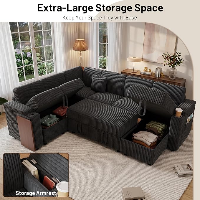 L-Shaped Sectional Sleeper Sofa with Pull Out Bed, Dark Grey | Plush Corduroy, Reclining Backrest, Storage Chaise, Usb Ports, Cup Holders & Table – Modular Cloud Couch for Living Room