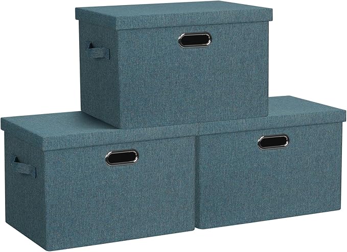 Graciadeco Large 17" 36 Quart Collapsible Stackable Storage Bins with Lids, 3 Packs Blue-Green Linen Fabric Closet Boxes with Lids, Storage Cube Baskets Container Organizers for Bedroom (17x12x11)