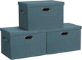 Graciadeco Large 17" 36 Quart Collapsible Stackable Storage Bins with Lids, 3 Packs Blue-Green Linen Fabric Closet Boxes with Lids, Storage Cube Baskets Container Organizers for Bedroom (17x12x11)