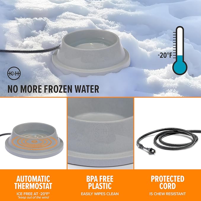 K&H Heated Water Bowl, Thermal-Bowl for Cats & Dogs, Safety Listed 12W | Outdoor Water Stays Unfrozen In Winter. Outdoor Heated Dog Dish for Pets, Automatic No Freeze, Anti Chew Cord, 32 Ounces Gray