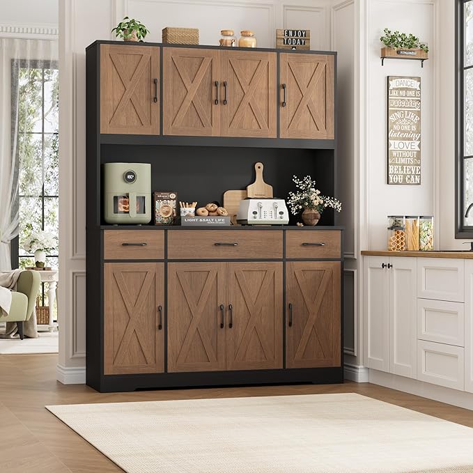 HOSTACK 71" Tall Kitchen Pantry Cabinet, 55" W Kitchen Hutch, Brown/Black | Large Pantry Cabinet with Charging Station / Countertop / 3 Drawers, Farmhouse Hutch Cabinet with Storage for Dining Room