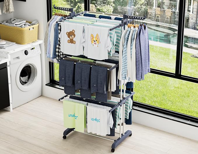 HOMIDEC Clothes Drying Rack, Oversized 4-Tier(67.7" High) Foldable Stainless Steel Drying Rack Clothing, Movable Drying Rack with 4 castors, 24 Drying Poles and 14 Hooks for Bed Linen, Clothing, Grey