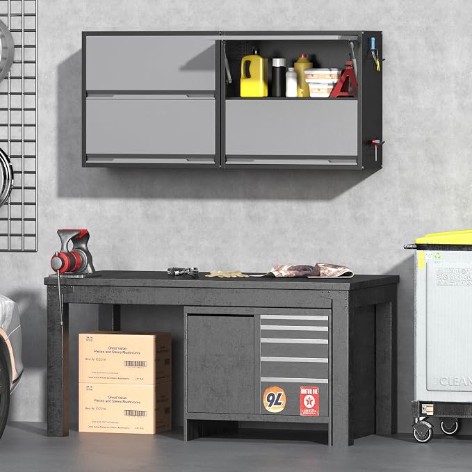 Metal Garage Wall Cabinet with Up-Flip Door, Black Float Tool Cabenit with 2 Doors,Upper Storage Cabinets with Pegboard for Kitchen,Garage,Workshop,Warehouse (25.6" H,Black&Gray)