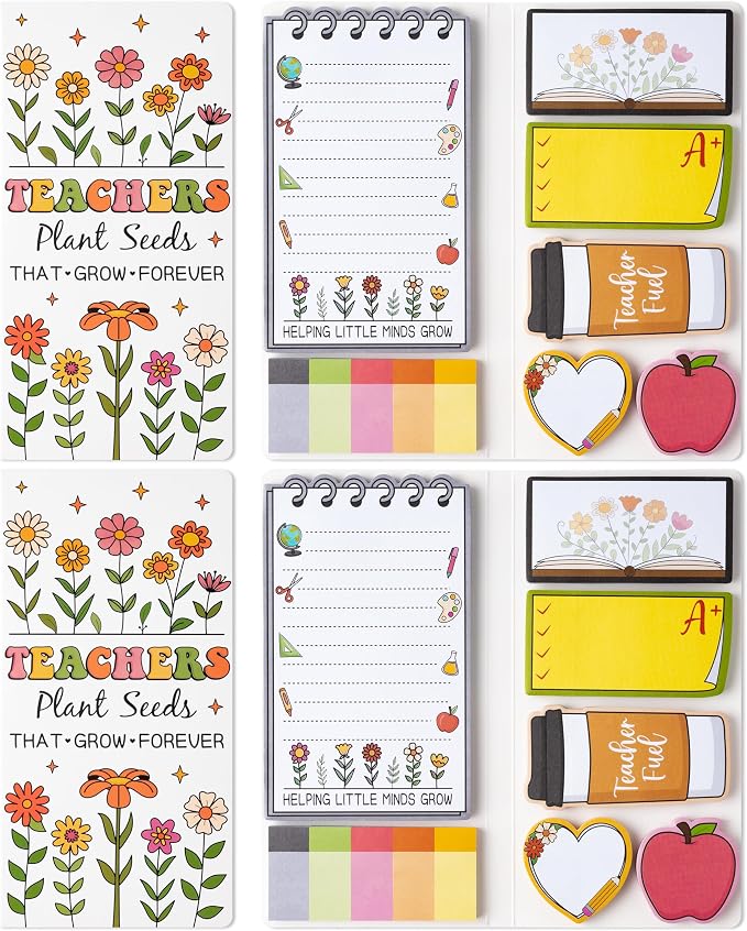 Xqumoi 2 Pack Retro Wildflowers Teachers Sticky Notes Set - Teacher Plant Seeds Self-Stick Note Pads Appreciation Notepads Writing Memo Pad Page Marker Back to School Office Supplies Thank You Gift