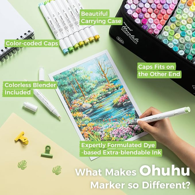 Ohuhu Alcohol Markers Brush Tip - 320-color Double Tipped Art Sketch Marker Set for Artists Adults Coloring Illustration -Brush & Chisel Dual Tips - Honolulu Series of Ohuhu Markers - Refillable Ink